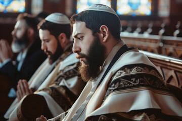 An orthodox Jewish male worshiper with tallit in synagogue during praying AI Generation