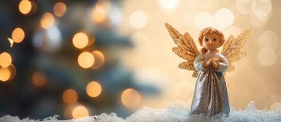 A mythical creature with wings, an angel, is standing in front of a Christmas tree in the snow. This supernatural event brings happiness and magic to the scene