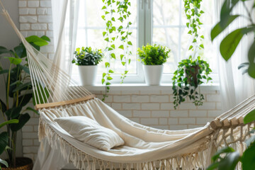 White Hammock Hanging in Front of Window