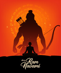 Shree Ram Navami, vector Illustration, the silhouette of Lord Ram bow arrow and Ayodhya Ram temple background, Social media post, Poster, and, Banner design template.