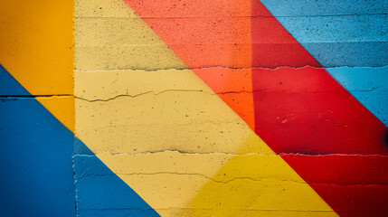 Brightly painted wall with geometric shapes in blue, yellow, and red colors, showing a modern and...