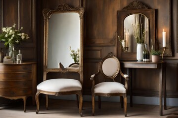 Fototapeta na wymiar interior of a hotel, Step into a realm of timeless elegance with a captivating image featuring an antique mirror and a chair in a room