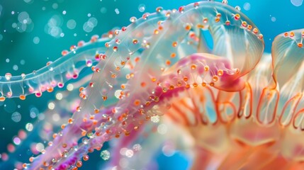 photography of a colorful Jellyfish Tentacles - Close-up of the delicate tentacles of a jellyfish underwater made out jewels - obrazy, fototapety, plakaty