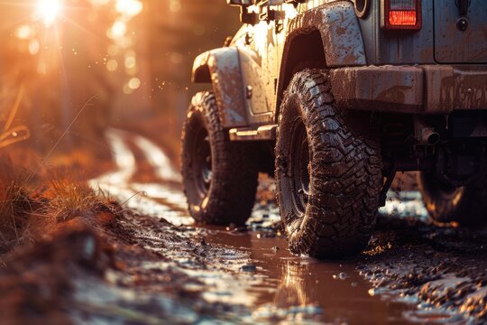Off-Road Adventure: Image of a Mud-Covered Tire on a Dirt Road as an Off-Road Vehicle Explores the Great Outdoors in Warm Light