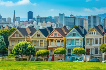 Painted Ladies - Iconic Frisco Landmark Houses with Skyline in the Background - Tourist Attraction during Summer