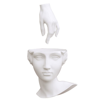 Open woman head sculpture in hands, psychology and conscious concept, 3d rendering,