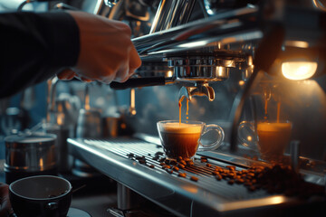 Fototapeta na wymiar Professional barista prepares espresso coffee in cafe using coffee machine AI Generation