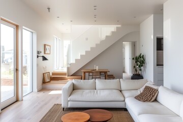 Naklejka na ściany i meble A bright and airy modern living room with stylish staircase, hardwood floors, and contemporary furniture, bathed in natural sunlight. Bright and airy Scandinavian living room. Resplendent.