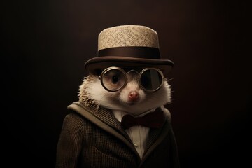 Obraz premium Monsieur hedgehog wearing a suit, cylinder hat and glasses. Old fashion. Anthropomorphic animal character in steampunk style