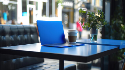 A vibrant cobalt blue laptop adds a pop of color to a minimalist table, inspiring creativity and innovation in a bustling urban environment. - obrazy, fototapety, plakaty