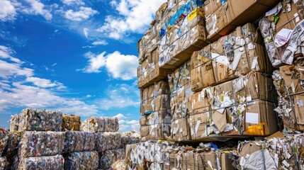 eco-conscious practices with an image of a stack of paper waste awaiting recycling at a processing plant