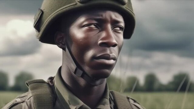 African American male wearing the uniform of an American soldier sits in ambush in a green field. Close-up of the man's face. Memorial Day. Independence Day in America. July 4 - Powered by Adobe