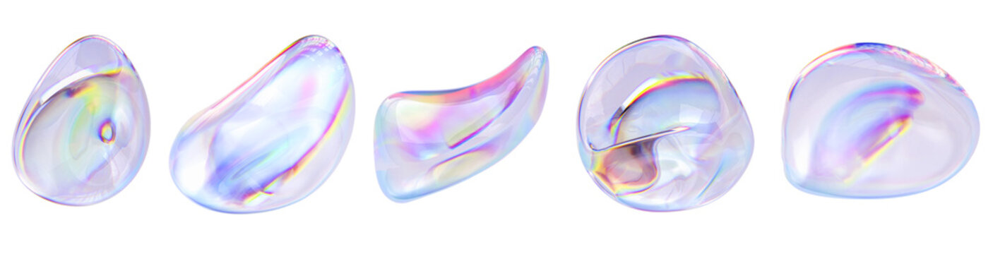 Iridescent modern design elements, glass gradient 3d organic shapes set, liquid abstract transparent 3d rendering objects.