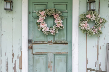 Two Wreaths Adorning Front Door of House