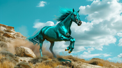 A vibrant teal-colored horse leaping over desert obstacles with grace and agility, a true master of the terrain. - obrazy, fototapety, plakaty