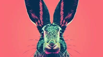 Fotobehang This striking pop art illustration captures a bunny's face with oversized ears in a vibrant fusion of pink and teal, creating a bold and whimsical visual experience. © Beyonder