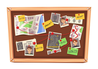 Detective board. Mystery investigation cork board with clues, marked maps, suspect photographs, evidence fingerprints, time notes, and crime scene information