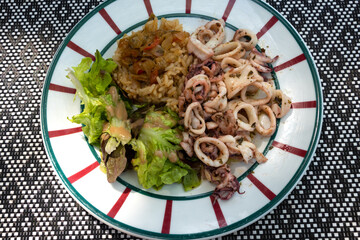 Gourmet dish at traditional French Basque country restaurant. Squid rings, rice with ratatouille, fresh green salad aesthetically served on plate with national Basque colors over.