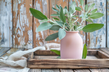 Pink Vase With Green Leaves on Wooden Tray