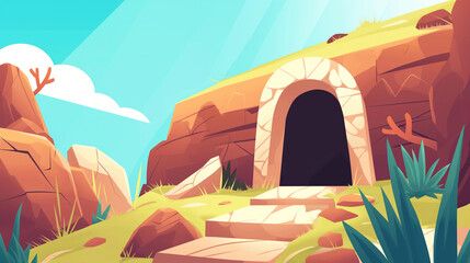 He is risen. Christian Easter postcard. Empty cave. Jesus Christ is risen. Easter or Passover concept. Happy Easter.