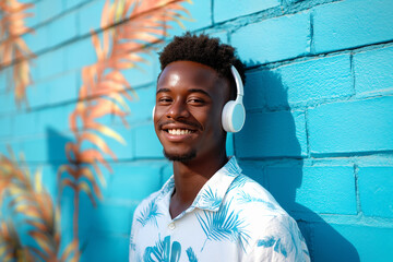 Handsome young black man in summer shirt standing next to blue brick wall outdoors and listening music using his headphones. - Powered by Adobe