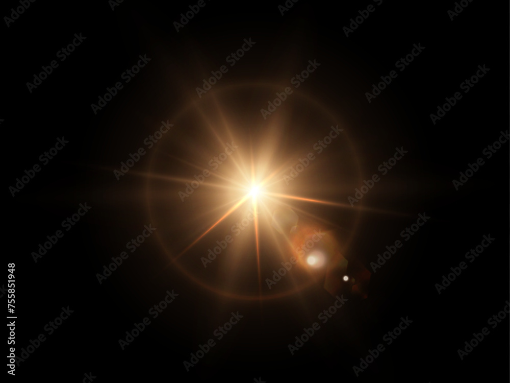 Poster flickering bright sun on a dark background. the effect of bright sunlight. bright light effect for i
