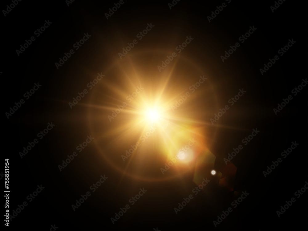 Poster flickering golden star on a transparent background. the effect of bright sunlight. bright light effe