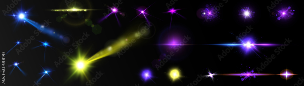Aufkleber Set of abstract light effects of spotlight, stars, bokeh flares for illustrations and vector design on transparent background overlay effect.