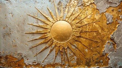 Oil painting of golden sun on canvas. Beautiful abstract textured poster. Macro impasto painting.	
