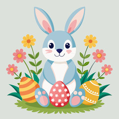 Easter bunny with painted easter eggs and flowers