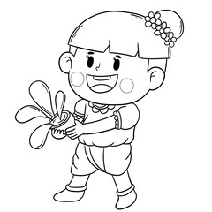 A kid in native costume Playing with water on Songkran day