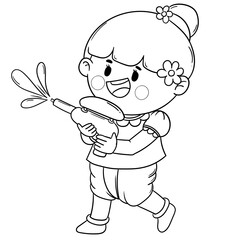 A kid in native costume Playing with water on Songkran day