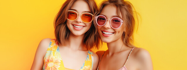 Two happy young woman in sunglasses and summer dresses smiling in front of yellow wall.