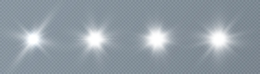 White glowing light explodes on a transparent background. Bright Star. Transparent shining sun, bright flash. Vector graphics.	