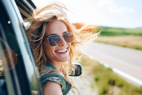 Pretty woman in sunglasses leant out of car window and takes selfie during summer travel, road trip.