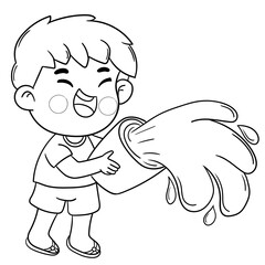 A kid in native costume Playing with water on Songkran day 
