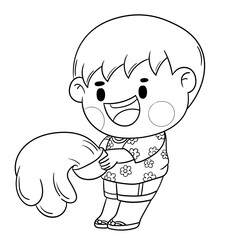 A kid in native costume Playing with water on Songkran day 
