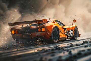 Dive into the fast-paced action of motor sports as a competitive team races down the track, their generic race car blurring with motion as it speeds towards victory. - obrazy, fototapety, plakaty