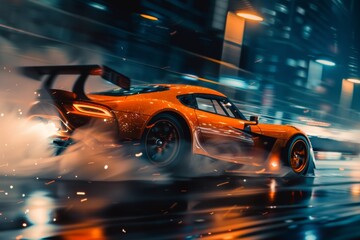 Dive into the fast-paced action of motor sports as a competitive team races down the track, their generic race car blurring with motion as it speeds towards victory. - obrazy, fototapety, plakaty