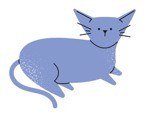 A cute cartoon characterful gray hairless Siamese cat with big ears and a tail lies down. Flat doodle style. Vector illustration.