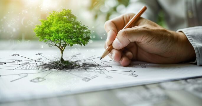 Close Up Hand Of A Businessman Writing On A Whiteboard With A Green Tree And Icon Graphic Design