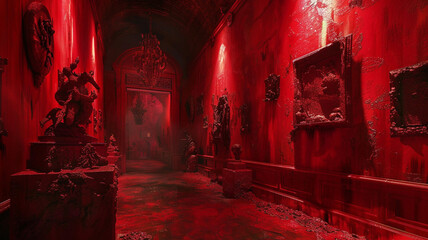 Deep crimson walls enveloping eerie sculptures and shadowy corners. - obrazy, fototapety, plakaty