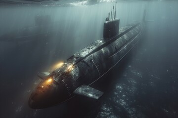 A submarine is seen in the water with a light on the front