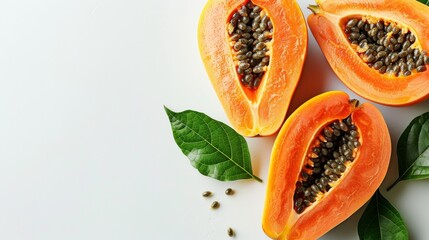 Halved papaya with seeds on white surface. Fresh papaya fruit with vibrant green leaves. Nutritious tropical fruit for a healthy lifestyle.