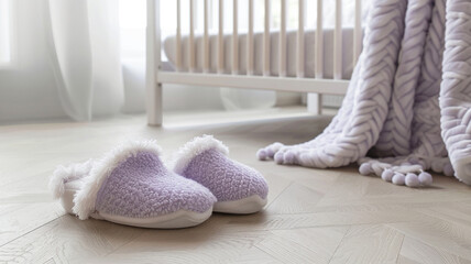 Delicate lavender slippers with fuzzy edges, adding a touch of whimsy to the elegant parquet...