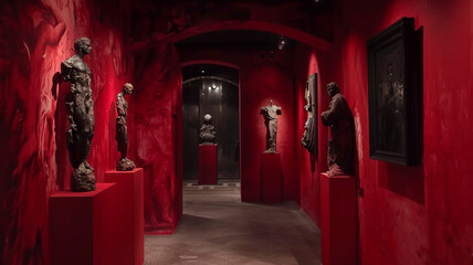 Deep crimson walls enveloping eerie sculptures and shadowy corners.