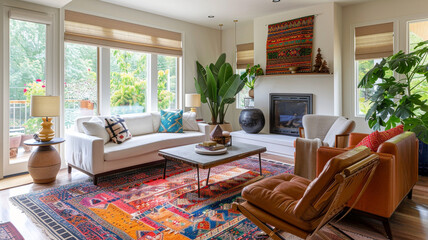 Designing a modern eclectic living room with a mix of vibrant jewel tones, global-inspired patterns, and eclectic furnishings for an eclectic and lively ambiance.