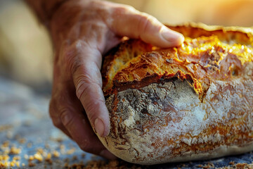 A detailed close-up shot of a hand grasping a rustic, freshly baked loaf of bread, with golden crust visible and crumbs scattered around. The warm, inviting texture of the bread contrasts 