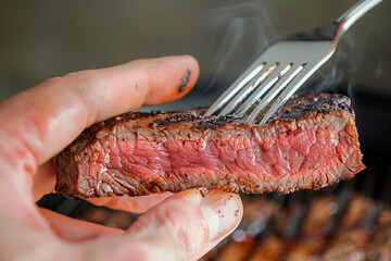 A detailed view of a hand holding a perfectly grilled steak on a fork, showcasing the charred exterior and juicy interior with precise clarity, set