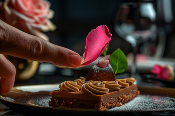 A detailed view of a hand holding a delicate, pink rose petal garnish atop a gourmet dessert, the petal's soft texture and subtle color in sharp focus
